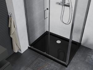 Mexen Apia sprchovací kút s posuvnými dverami 90 (dvere) x 70 (stena) cm, 5mm číre sklo, chrómový profil + čierna sprchová vanička s chrómovým sifónom, 840-090-070-01-00-4070