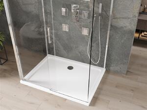 Mexen Omega, 3-stenový sprchovací kút s posuvnými dverami 140 (dvere) x 80 (stena) x 190 cm, 8mm číre sklo, chrómový profil + biela sprchová vanička SLIM, 825-140-080-01-00-3S-4010