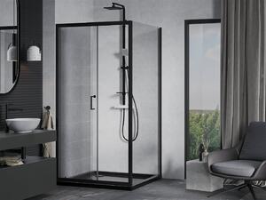 Mexen Apia sprchovací kút s posuvnými dverami 90 (dvere) x 90 (stena) cm, 5mm číre sklo, čierny profil + čierna sprchová vanička s čiernym sifónom, 840-090-090-70-00-4070B