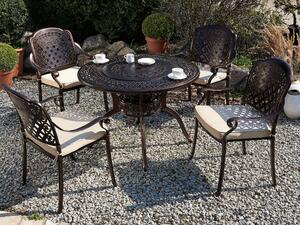 Hnedá hliníková záhradná súprava 1 stôl s vstavaným grilom 4 stoličky s vintage vankúšmi