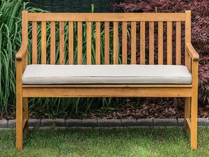 Záhradná lavička svetlé akáciové drevo 120 cm sivobéžový podsedák lamelový dizajn záhrada terasa rustikálny štýl