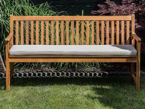 Záhradná lavička svetlé akáciové drevo 160 cm sivobéžový podsedák lamelový dizajn záhrada terasa rustikálny štýl