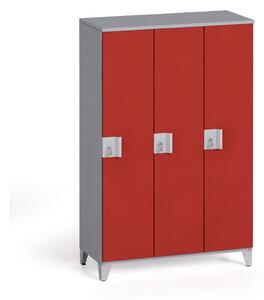 Drevená šatníková skriňa na nohách, 3-dverová, 1400 x 900 x 400 mm, otočný zámok, červené dvere