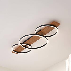 Lindby LED stropné svietidlo Galad, čierne, drevo, 3 svetlá, 98 cm, Svetlé drevo, Obývacia izba / jedáleň, Drevo, Moderný, Stropné svetlo