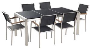 Záhradná jedálenská súprava čierna s čiernou žulovou doskou stola, 6 sedadiel, 180 x 90 cm, trojitá doska