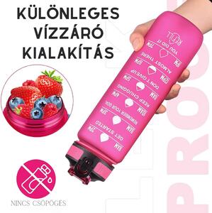 Farebná motivačná fľaša na vodu s citátmi a časovou stupnicou (1000 ml) – Magenta