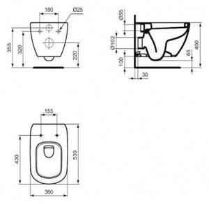 Ideal Standard Tesi SET WC 5v1 misa WC + sedátko T354601+ nárdž pre závesné WC + uchytenie + biele 2-činné tlačítko, 414394