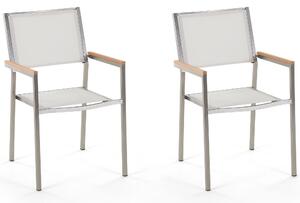 Sada 2 záhradných jedálenských stoličiek z bieleho a strieborného textilného sedadla z nehrdzavejúcej ocele, stohovateľné vonkajšia odolnosť