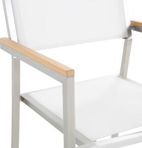 Sada 6 záhradných jedálenských stoličiek z bieleho a strieborného textilného sedadla z nehrdzavejúcej ocele, stohovateľné vonkajšia odolnosť