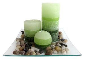 TORO Darčekový set 3 sviečok s vôňou zelený čaj na sklenenom podnose s kameňmi