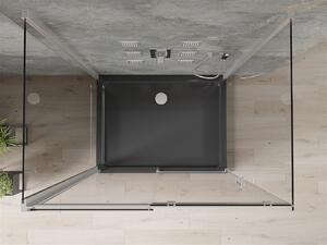 Mexen Omega, 3-stenový sprchovací kút s posuvnými dverami 140 (dvere) x 80 (stena) x 190 cm, 8mm číre sklo, chrómový profil + čierna sprchová vanička SLIM, 825-140-080-01-00-3S-4070