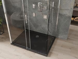 Mexen Omega, 3-stenový sprchovací kút s posuvnými dverami 110 (dvere) x 90 (stena) x 190 cm, 8mm číre sklo, chrómový profil + čierna sprchová vanička SLIM, 825-110-090-01-00-3S-4070