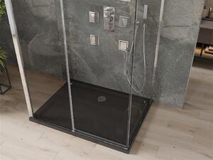 Mexen Omega, 3-stenový sprchovací kút s posuvnými dverami 140 (dvere) x 80 (stena) x 190 cm, 8mm číre sklo, chrómový profil + čierna sprchová vanička SLIM, 825-140-080-01-00-3S-4070