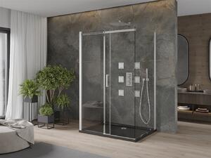 Mexen Omega, 3-stenový sprchovací kút s posuvnými dverami 120 (dvere) x 80 (stena) x 190 cm, 8mm číre sklo, chrómový profil + čierna sprchová vanička SLIM, 825-120-080-01-00-3S-4070