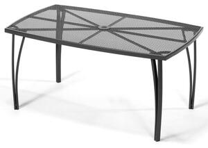 Obdĺžnikový záhradný stolík s rozmermi 150 x 90 x 71 cm je vyrobený z kovu s čiernym lakovaným povrchom