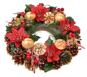 Adventný šiškový veniec POINSETTIA s mašľou 30 cm