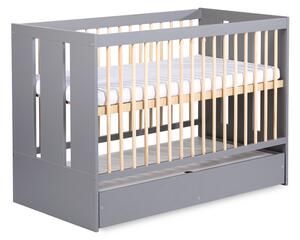 Detská postieľka s bariérkou NORBET + úložný priestor,124x85x66,sivá/drevo