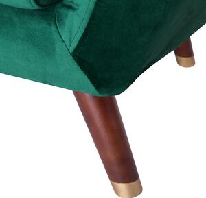 Kreslo zelené zamatové gombíkové čalúnené prešívané operadlo drevené nohy retro štýl