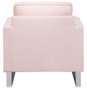 Kreslo ružové látkové čalúnenie strieborné nohy moderná obývacia izba