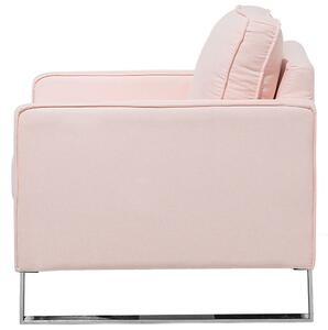 Kreslo ružové látkové čalúnenie strieborné nohy moderná obývacia izba