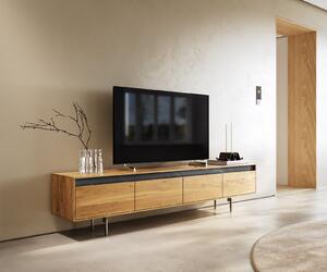 DELIFE Dizajnový TV stolík Stonegrace 200 cm dub prírodná bridlica 4 zásuvky nohy oválne nerezová oceľ