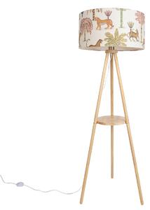 Drevená stojacia lampa s trojnožkou s viacfarebným tienidlom so zvieracou potlačou 50 cm - Lou