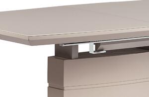 Rozkladací jedálenský stôl 140+40x80x76cm, farba cappucino/lesk, biele sklo/brusený nerez