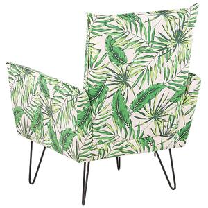 Kreslo zelené čalúnené vzor listov kovovými nohami do obývacej izby štýl retro