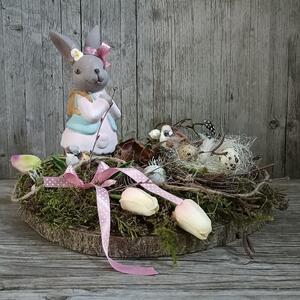 Dekorácia so zajačikom, vajíčkami, vtáčikmi a tulipánmi, veľkonočná 28,5x38x31cm