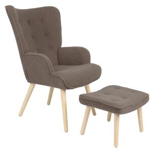 Relaxačné kreslo ušiak ROMEO II + taburet — masívne drevo, látka bouclé, prírodná / hnedá