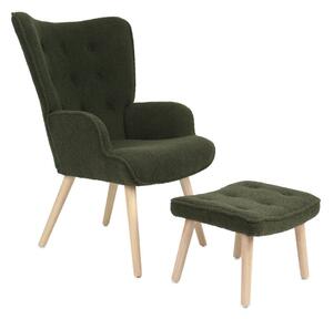 Relaxačné kreslo ušiak ROMEO II + taburet — masívne drevo, látka bouclé, prírodná / zelená