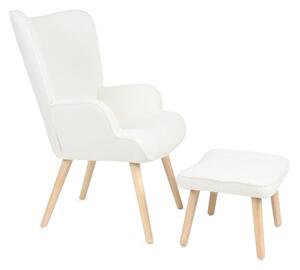 Relaxačné kreslo ušiak ROMEO II + taburet — masívne drevo, látka bouclé, prírodná / biela