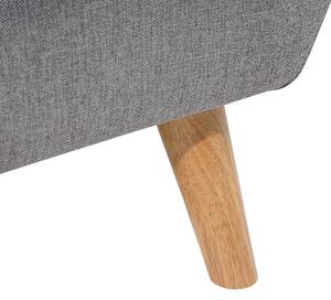 Rohová pohovka svetlosivá čalúnená všívaná zadná strana silne polstrovaná leňoška Ľahké drevené nohy Škandinávska minimalistická obývačka