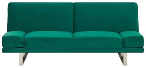 Pohovka rozkladacia zelená, čalúnená zamatová 3-sedadlo, kovové nohy, nastaviteľné podrúčky, moderná
