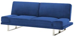 Pohovka rozkladacia tmavo modrá, čalúnená zamatová 3-sedadlo, kovové nohy, nastaviteľné podrúčky, moderná