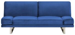 Pohovka rozkladacia tmavo modrá, čalúnená zamatová 3-sedadlo, kovové nohy, nastaviteľné podrúčky, moderná