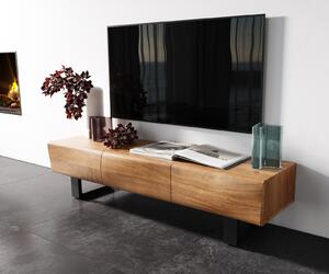 DELIFE TV stolík New Live-Edge 145 cm akácia prírodná 3 dvierka kovová tenká podstava čierna