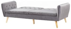 Rozkladacia pohovka sivá zamatovo čalúnená s funkciou spánku dekoratívne gombíky moderný štýl