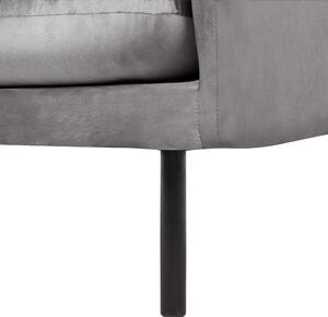 Kreslo sivé zamatové na čiernych nohách minimalistická retro obývacia izba