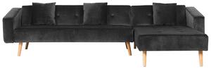Rohová rozkladacia pohovka s 3 vankúšmi čierne zamatové čalúnené nohy zo svetlého dreva so sklápacím operadlom pre 4 osoby