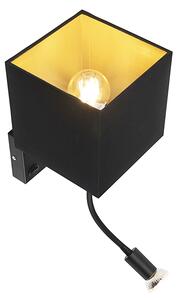 Moderná nástenná lampa čierna s USB a štvorcovým čiernym tienidlom - Zeno