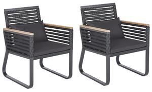 Sada 2 záhradných stoličiek, čierny kovový rám s vankúšmi, lanový dizajn, priemyselná moderná