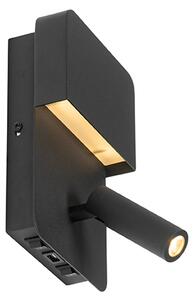 Nástenná lampa čierna vrátane LED s USB a lampou na čítanie s vypínačom - Robin