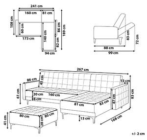 Rohová rozkladacia pohovka sivá zamatová prešívaná moderná modulárna 4-miestna s taburetom a ležadlom na ľavej strane
