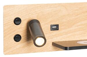 Sada 2 nástenných svietidiel čierna s drevom vrátane LED s USB a indukčnou nabíjačkou - Riza