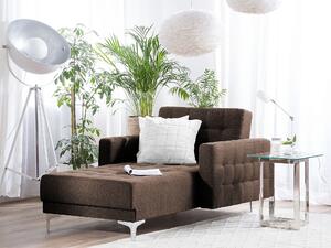 Leňoška hnedá prešívaná látková moderná obývacia izba nastaviteľné ležadlo strieborné nohy bočné opierky