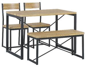 Jedálenská zostava svetlý drevený rám z čiernej ocele 4-miestny stôl 110 x 70 cm 2 stoličky lavice