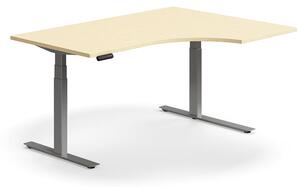 Výškovo nastaviteľný stôl QBUS, rohový, 1600x1200 mm, strieborný rám, breza