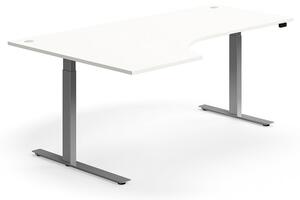 Výškovo nastaviteľný stôl FLEXUS, rohový, 2000x1200 mm, strieborný rám, biela