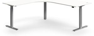 Výškovo nastaviteľný stôl FLEXUS, rohový, 2000x2000 mm, strieborný rám, biela